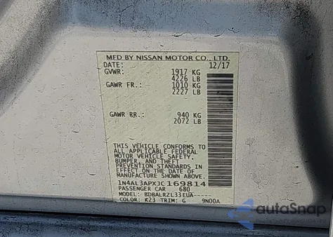 2018 Nissan Altima 2.5 Sl from USA, damaged, VIN 1N4AL3APXJC169814
